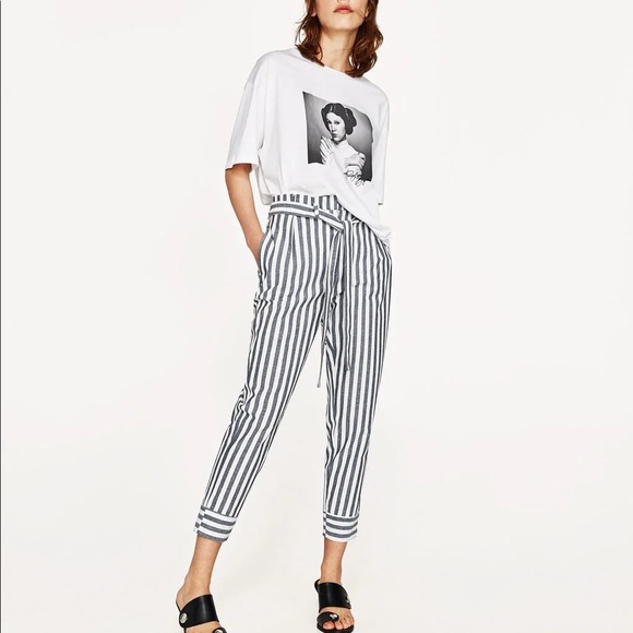 NWT Zara Chambray Striped Paper Bag Waist Pants - Picture 2 of 5